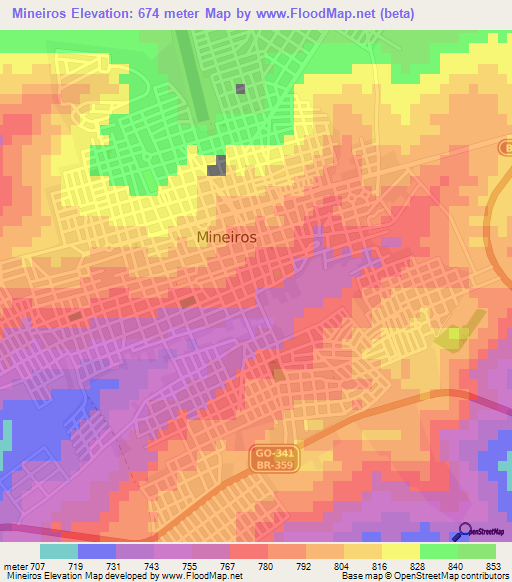 Mineiros,Brazil Elevation Map