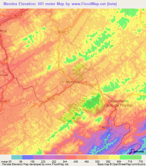 Mendes,Brazil Elevation Map