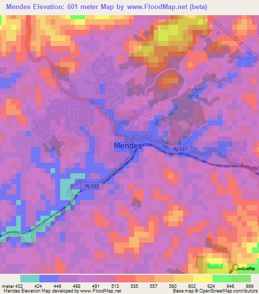 Mendes,Brazil Elevation Map