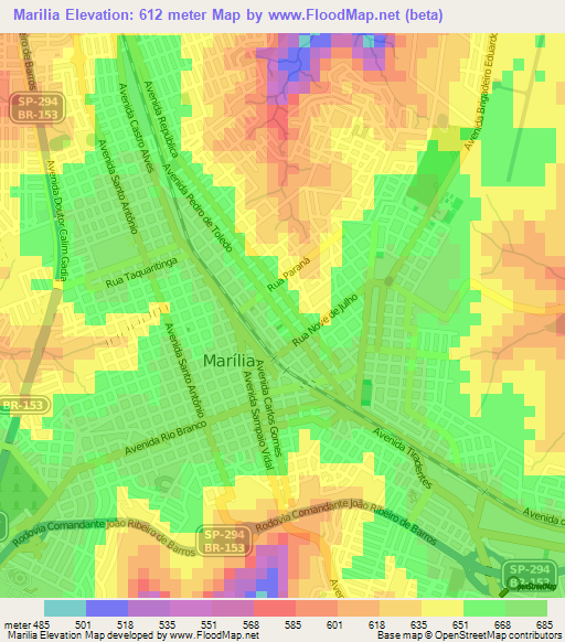 Marilia,Brazil Elevation Map