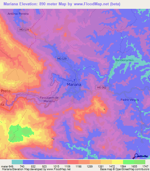 Mariana,Brazil Elevation Map