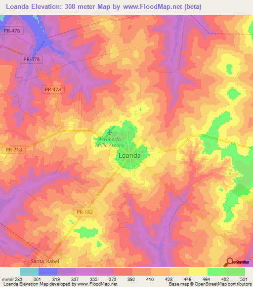 Loanda,Brazil Elevation Map