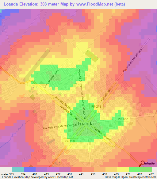 Loanda,Brazil Elevation Map