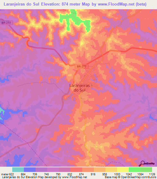 Laranjeiras do Sul,Brazil Elevation Map