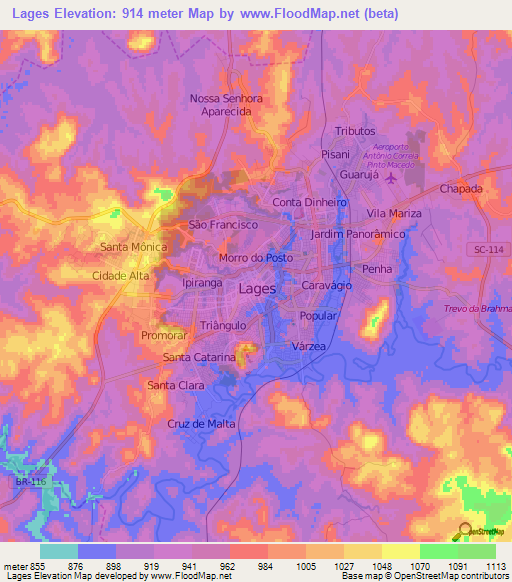 Lages,Brazil Elevation Map