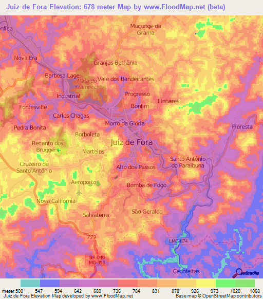 Juiz de Fora,Brazil Elevation Map