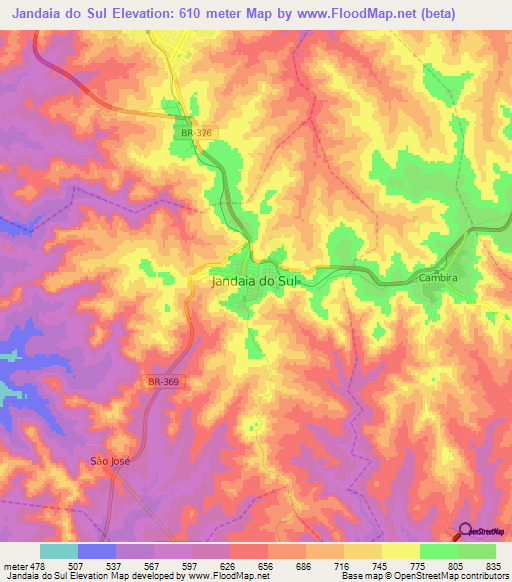 Jandaia do Sul,Brazil Elevation Map