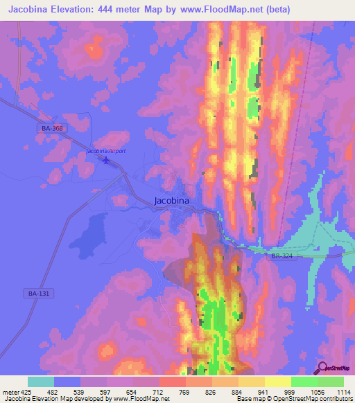 Jacobina,Brazil Elevation Map