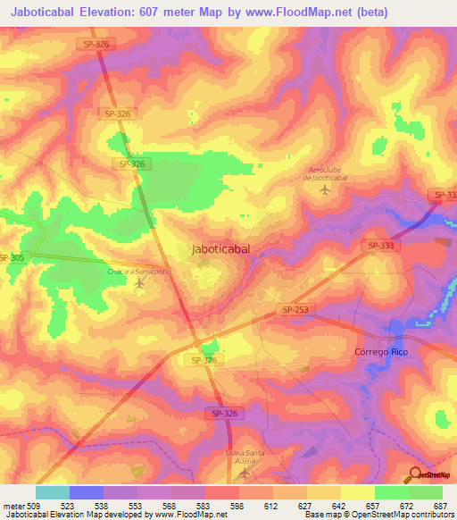 Jaboticabal,Brazil Elevation Map