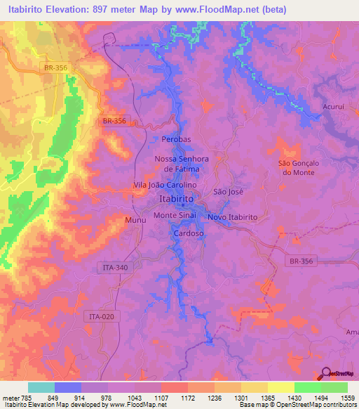 Itabirito,Brazil Elevation Map