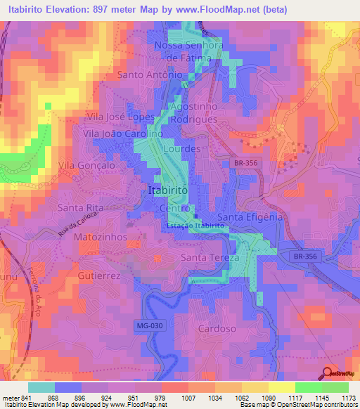 Itabirito,Brazil Elevation Map