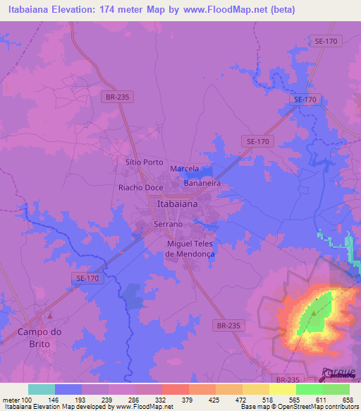 Itabaiana,Brazil Elevation Map