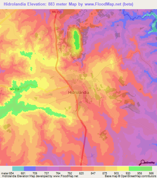 Hidrolandia,Brazil Elevation Map