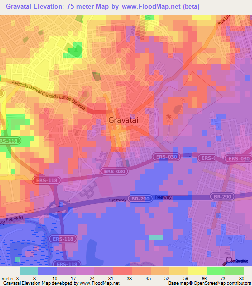 Gravatai,Brazil Elevation Map