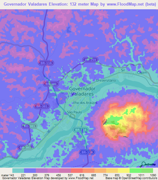 Governador Valadares,Brazil Elevation Map