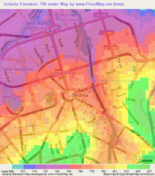 Goiania,Brazil Elevation Map