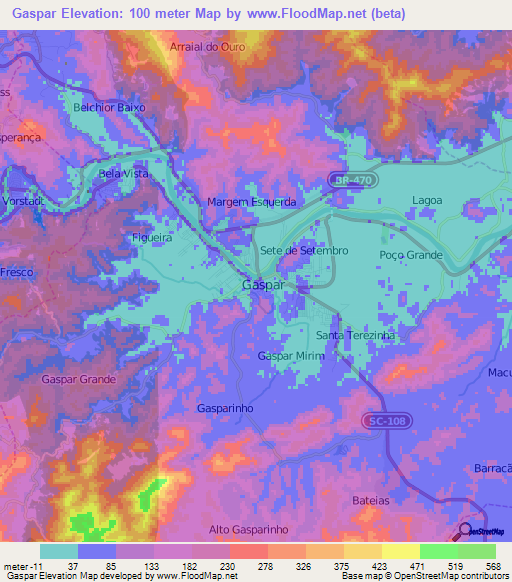 Gaspar,Brazil Elevation Map