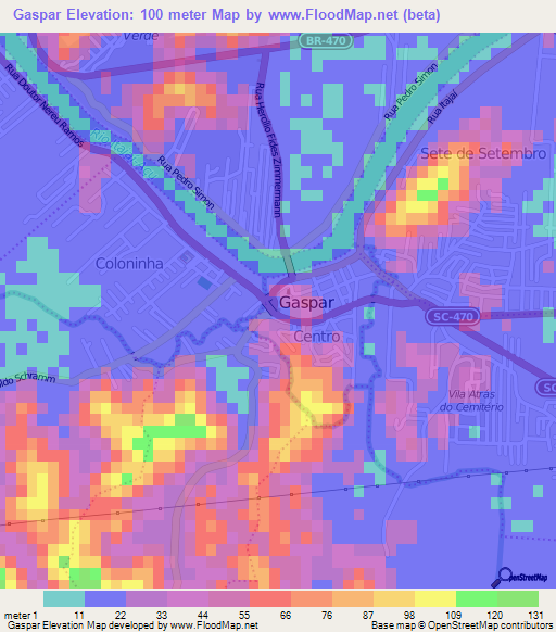 Gaspar,Brazil Elevation Map