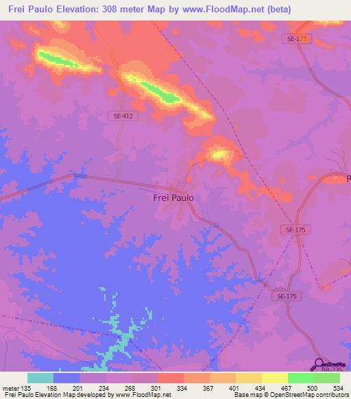 Frei Paulo,Brazil Elevation Map