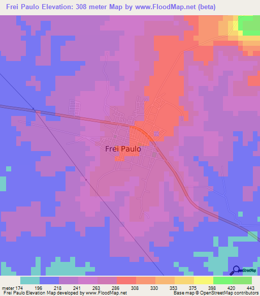 Frei Paulo,Brazil Elevation Map