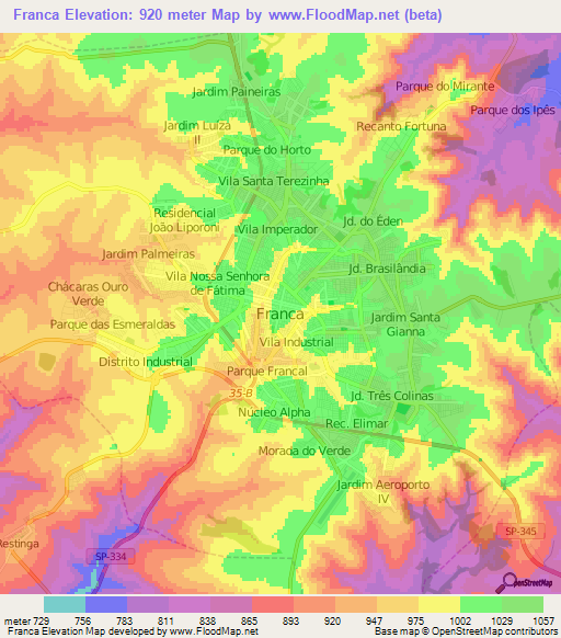 Franca,Brazil Elevation Map