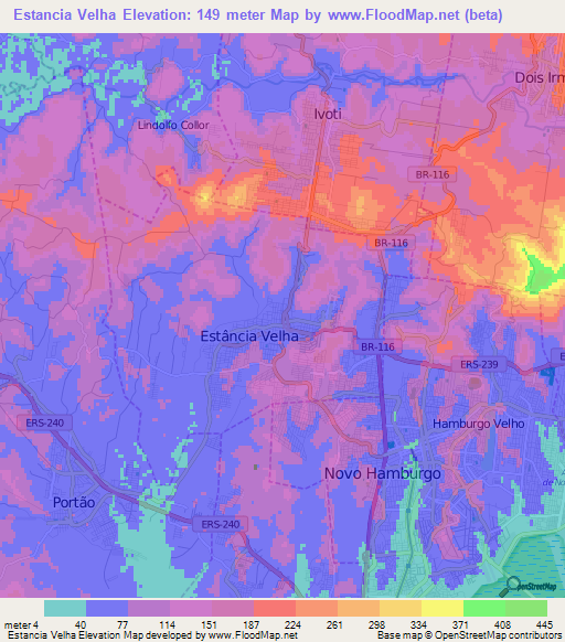 Estancia Velha,Brazil Elevation Map