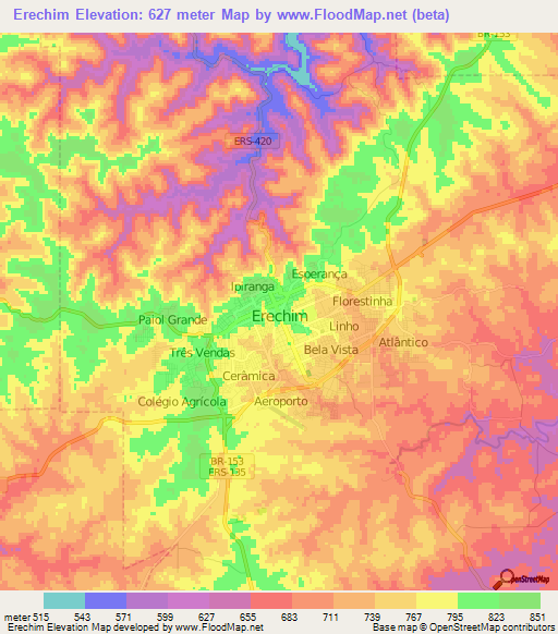 Erechim,Brazil Elevation Map