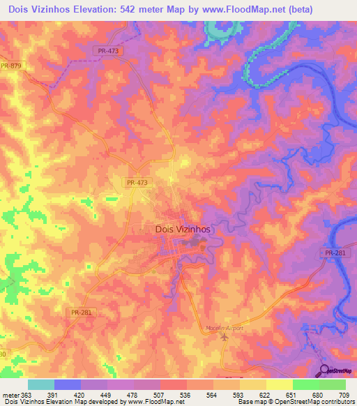 Dois Vizinhos,Brazil Elevation Map