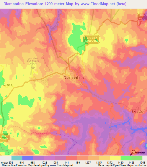 Diamantina,Brazil Elevation Map