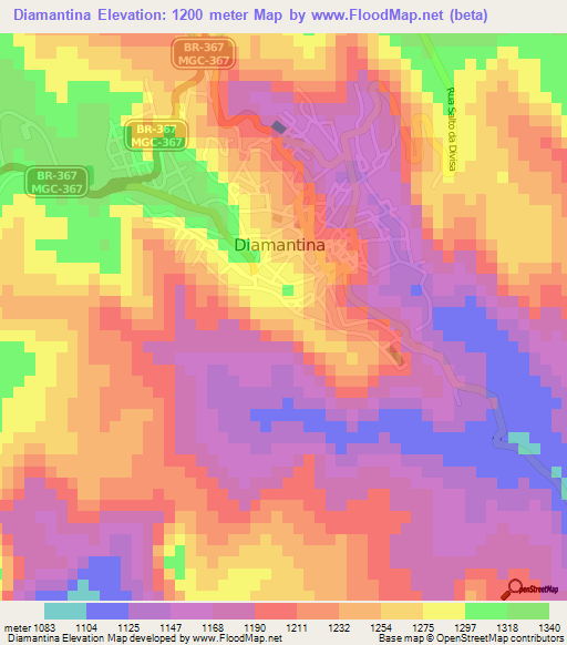 Diamantina,Brazil Elevation Map