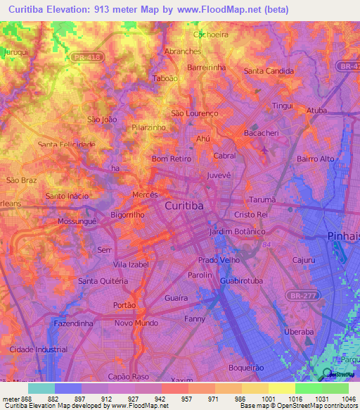 Curitiba,Brazil Elevation Map