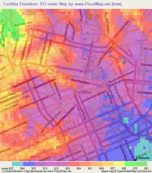 Curitiba,Brazil Elevation Map