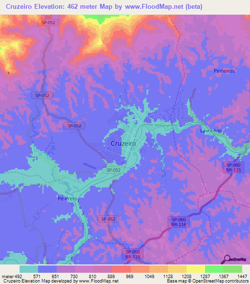 Cruzeiro,Brazil Elevation Map