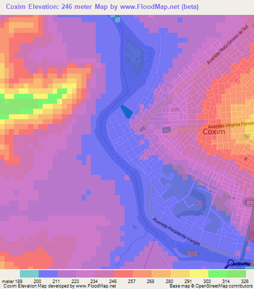 Coxim,Brazil Elevation Map