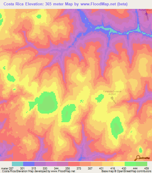 Costa Rica,Brazil Elevation Map