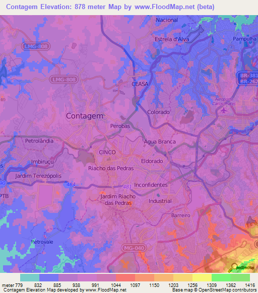 Contagem,Brazil Elevation Map