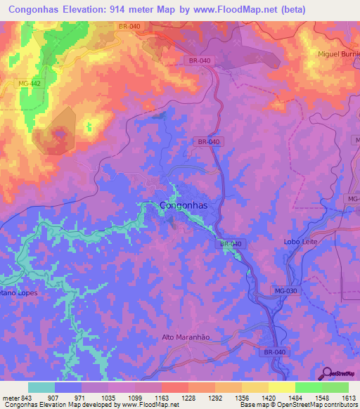 Congonhas,Brazil Elevation Map