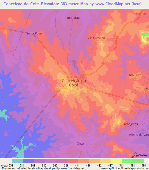 Conceicao do Coite,Brazil Elevation Map