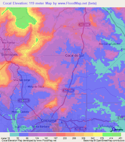 Cocal,Brazil Elevation Map