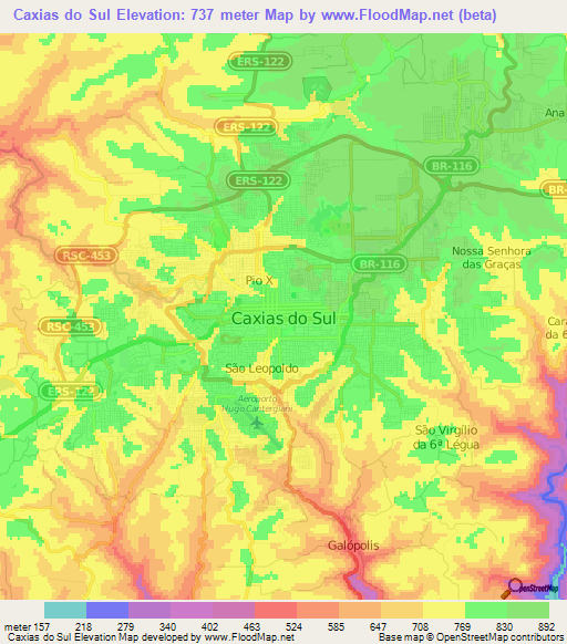 Caxias do Sul,Brazil Elevation Map