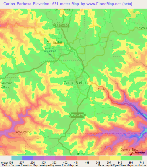 Carlos Barbosa,Brazil Elevation Map