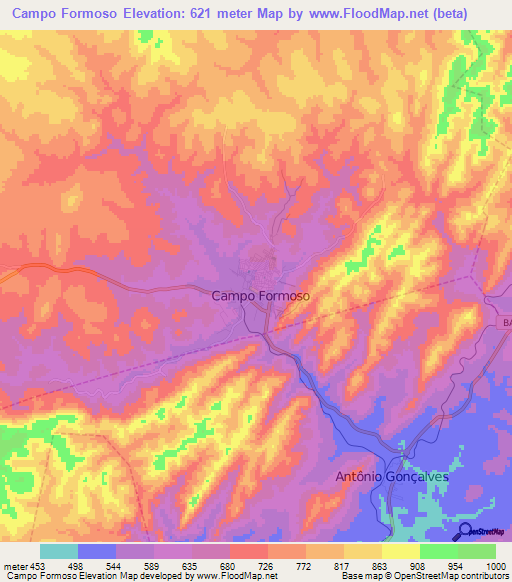 Campo Formoso,Brazil Elevation Map