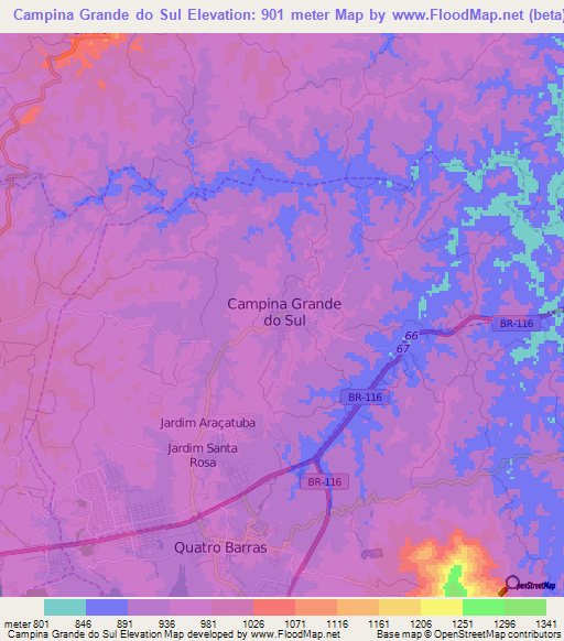 Campina Grande do Sul,Brazil Elevation Map