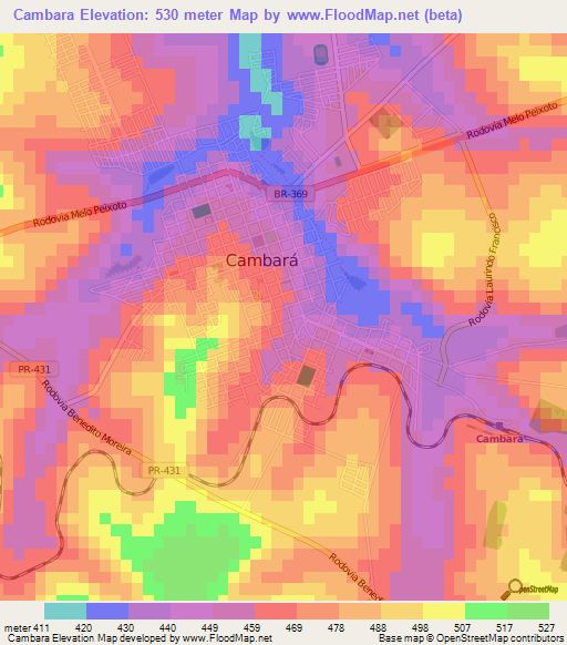 Cambara,Brazil Elevation Map