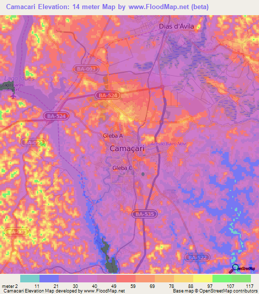 Camacari,Brazil Elevation Map