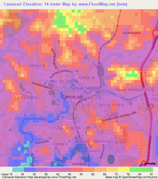 Camacari,Brazil Elevation Map