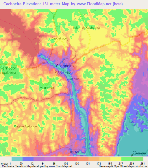 Cachoeira,Brazil Elevation Map