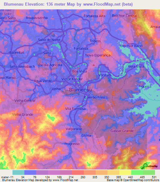 Blumenau,Brazil Elevation Map