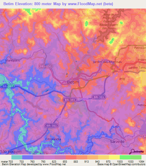 Betim,Brazil Elevation Map