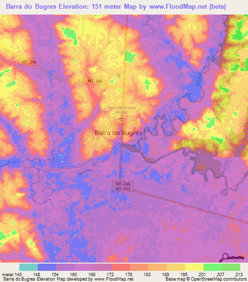 Barra do Bugres,Brazil Elevation Map